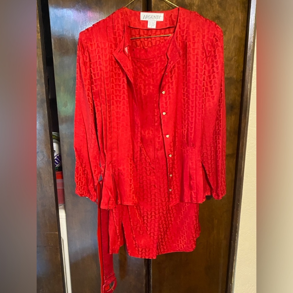 Red two-piece pure silk suit from China. Skirt and top.